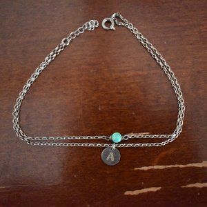 "A" Initial Charm Anklet w/ Green Accent Stone